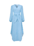 Momentlover Tied Waist Striped Puff Sleeves Loose V-Neck Shirt Dress Midi Dresses