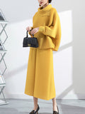 Momentlover Simple Loose Long Sleeves Pleated Solid Color High-Neck T-Shirt Top&Wide Legs Pants Two Pieces Set