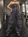 Momentlover Split-Joint Pockets Buttoned Wide Leg Sleeveless Tube Jumpsuits