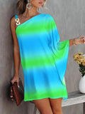 Momentlover Batwing Sleeves Hollow Printed One-Shoulder Mini Dresses