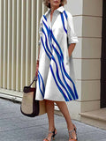 Momentlover Loose Three-Quarter Sleeves Buttoned Striped Lapel Collar Midi Dresses