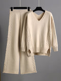 Momentlover Stylish Loose Long Sleeves Solid Color V-Neck Sweater Tops& Wide Leg Pants Two Pieces Set