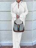 Momentlover Split-Joint Slightly Sheer Feathers Skinny Lapel Maxi Dresses