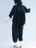 Momentlover Two-Pieces Black Loose Shirt And Ninth Pants Suit