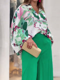 Momentlover Original Contrast Color Blouse&Solid Wide Legs Pants 2 Pieces Set