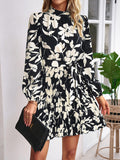 Momentlover Tied Waist Pleated Flower Print Loose Long Sleeves Mock Neck Mini Dresses