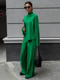Momentlover Casual Solid Color Irregularity High-Neck Sweater& Wide Leg Pants Suits