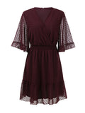 Momentlover Original Half Sleeves Loose Polka-Dot Falbala Solid Color V-Neck Mini Dresses