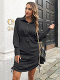 Momentlover Casual Long Sleeves Puff Sleeves Drawstring Solid Color Lapel Collar Shirt Mini Dresses