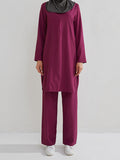 Momentlover Solid Color Long Sleeves Pockets Split-Side Round-Neck Shirts Top + Pants Bottom Two Pieces Set