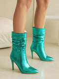 Momentlover Split-Joint Solid Color Snakeskin Printed Pleated Pumps Boots