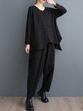 Momentlover Solid Color Long Sleeves Asymmetric Split-Joint V-Neck T-Shirts Top + Harem Pants Elasticity Pants Bottom Two Pieces Set