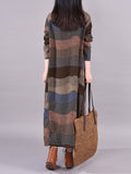 Momentlover Artistic Retro Loose Ramie Cotton Striped Multi-Colored Round-Neck Long Sleeves Midi Dress