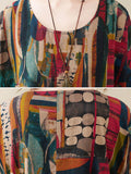 Momentlover Vintage Loose Abstract Printed Pleated Round-Neck Half Sleeves Midi Dress