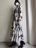 Momentlover Tied Split-Joint Printed Hollow Elasticity Puff Sleeves Loose Mock Neck Midi Dresses