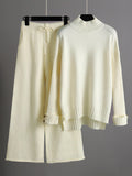 Momentlover Urban Long Sleeves Solid Color Half Turtleneck Sweater Tops & Wide Leg Pants Two Pieces Set