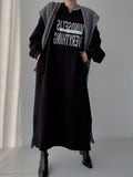 Momentlover Original Loose Long Sleeves Letter Print Split-Side Split-Joint Round-Neck Midi Dresses