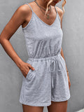Momentlover Solid Color Pockets Drawstring Sleeveless Loose V-Neck Rompers