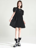 Momentlover Urban Puff Sleeves Split-Joint Black Pleated Mini Dress