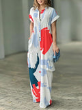 Momentlover Printed Wide Leg Loose Lapel Collar Jumpsuits