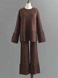 Momentlover Casual Long Sleeves Loose Solid Color Round-Neck Sweater Tops & Wide Leg Pants Two Pieces Set