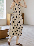 Momentlover Tied Waist Split-Joint Polka-Dot Pleated Contrast Color Sleeveless Loose Round-Neck Midi Dresses