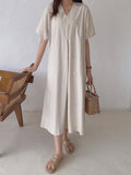 Momentlover Loose Solid Color V-Neck Pleated With Pockets Midi Dresses