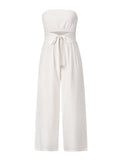 Momentlover Original Cold Shoulder Tied Solid Color Straight Leg Jumpsuits