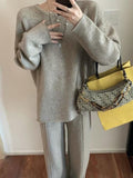 Momentlover Solid Color Wide Leg Loose Round-Neck Three Pieces Set