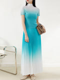 Momentlover Gradient Pleated Short Sleeves High-Neck T-shirt + Skirt Bottom Two Pieces Set