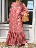 Momentlover Tied Waist Split-Joint Solid Color Pleated Flower Print Puff Sleeves Loose Round-Neck Maxi Dresses