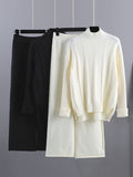 Momentlover Loose Long Sleeves Split-Side Solid High-Low Half Turtleneck Sweater Tops & Wide Leg Pants Two Pieces Set