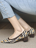 Momentlover Round Cut Pointed-Toe Houndstooth Contrast Color Pumps Mid Heels