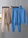 Momentlover Casual Solid Long Sleeves High-Neck Sweater Tops & Drawstring Wide Leg Pants Suits