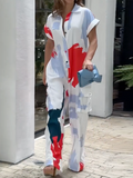 Momentlover Printed Wide Leg Loose Lapel Collar Jumpsuits