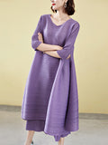 Momentlover Casual Loose Three-Quarter Sleeves Pleated Solid Color T-Shirt&Pants Two Pieces Set