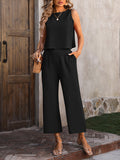 Momentlover Loose Sleeveless Pockets Solid Color Round-Neck Vest Top&Pants Two Pieces Pants Set