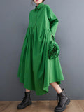 Momentlover Urban Floral Applique Pleated Long Sleeves Shirt Dress Midi Dress