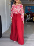 Momentlover Printed Long Sleeves Buttoned Lapel Blouse + Tied Waist Wide Leg Pants Two Pieces Set