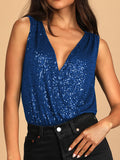Momentlover Split-Joint Sequined See-Through High-Waisted Sleeveless Skinny V-Neck Bodysuits