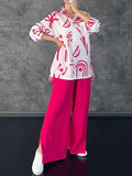 Momentlover Lapel Printed High-Low Buttoned Blouse+ Elasticity High Waisted Split-Side Pants Bottom Two Pieces Set