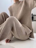 Momentlover Urban Loose Solid Round-Neck Split-Side Sweater& Wide Leg Pants Suits