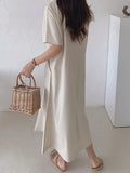 Momentlover Loose Solid Color V-Neck Pleated With Pockets Midi Dresses