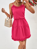 Momentlover Solid Color Falbala Sleeveless Loose Spaghetti-Neck Mini Dresses