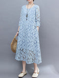 Momentlover A-Line Long Sleeves Hollow Round-Neck Midi Dresses