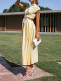 Momentlover Solid Color Pleated Belly-Hollow Cap Sleeve Stand Collar Maxi Dresses