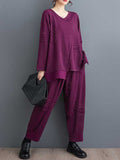 Momentlover Solid Color Long Sleeves Asymmetric Split-Joint V-Neck T-Shirts Top + Harem Pants Elasticity Pants Bottom Two Pieces Set