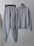 Momentlover Casual Solid Long Sleeves High-Neck Sweater Tops & Drawstring Wide Leg Pants Suits