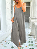 Momentlover Solid Color Pleated Backless Straight Leg Sleeveless Jumpsuits