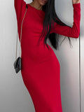 Momentlover Split-Side Solid Color Long Sleeves Bodycon Round-Neck Maxi Dresses